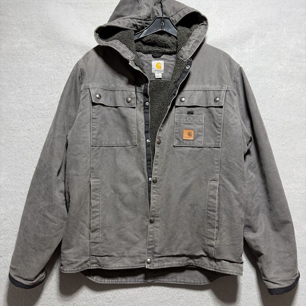 Carhartt Gray Canvas Hooded Jacket J284-GVL Sherpa Lined Men’s Medium Snap Front